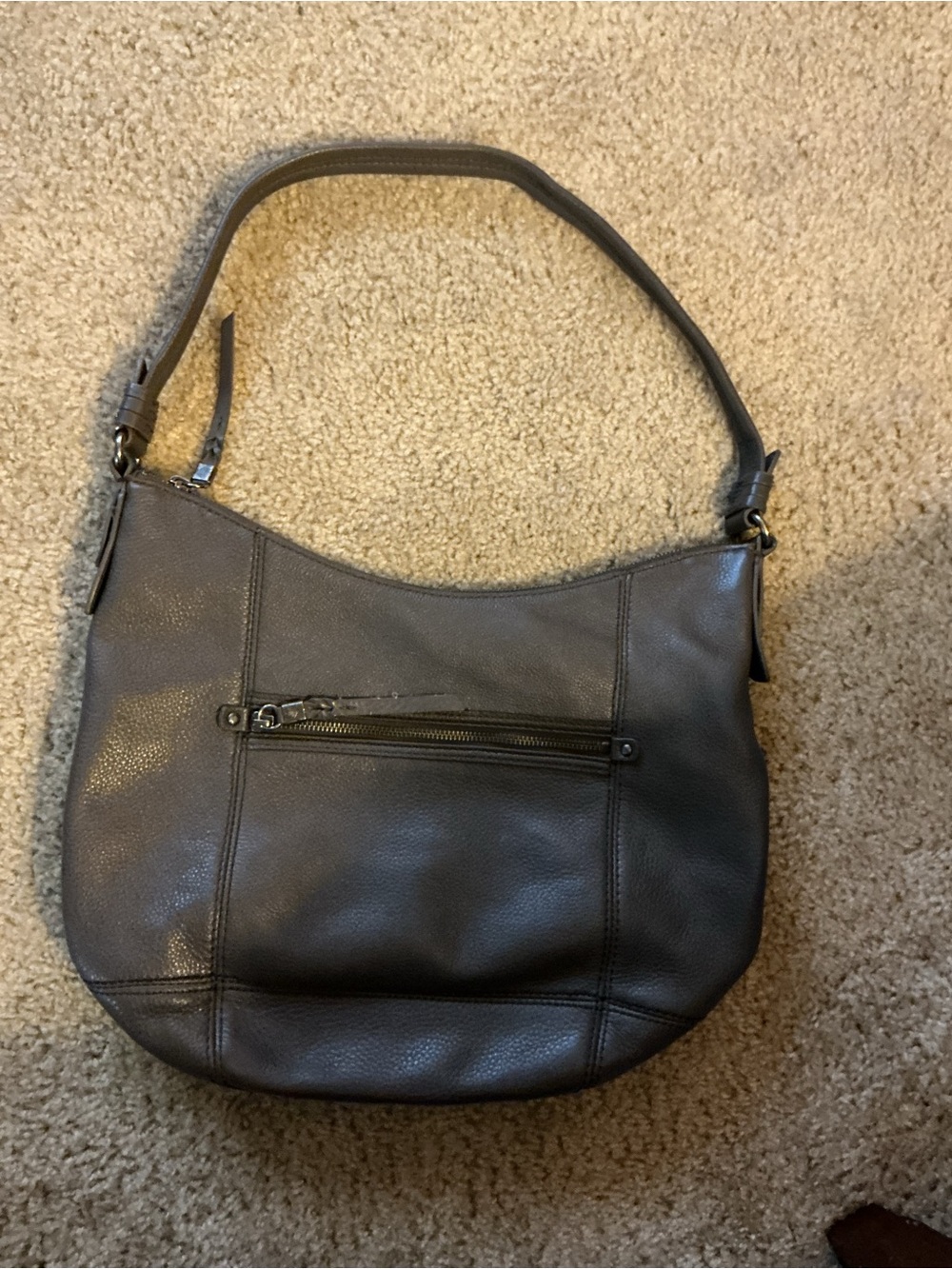The Sak Gray Leather Shoulder Bag with Front Zip Pocket